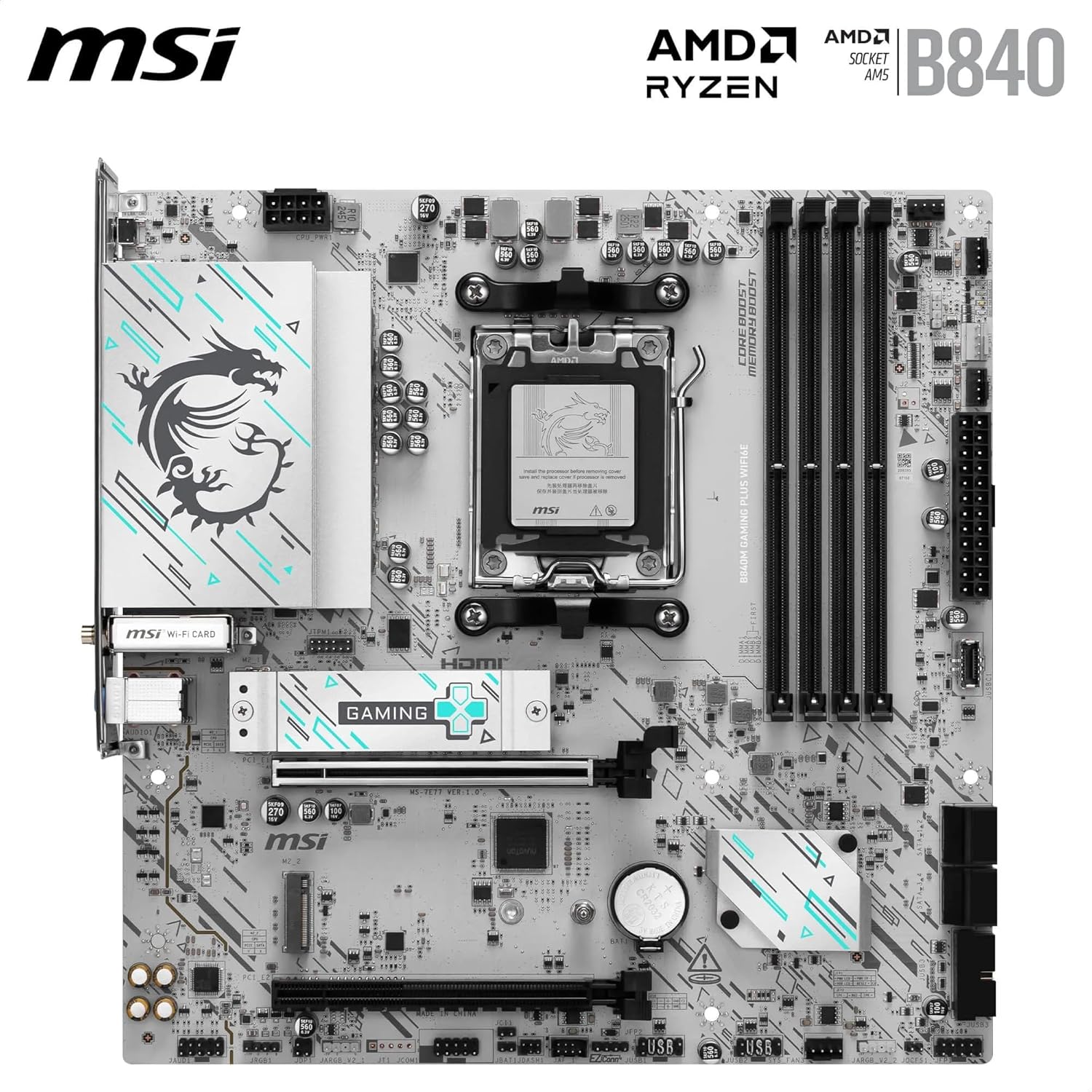 MSI B840M GAMING PLUS WIFI6E Motherboard, mATX - Supports AMD Ryzen 9000/8000 / 7000 Processors, AM5 - DDR5 Memory Boost 8000+ MT/s (OC), PCIe 4.0 x16, M.2 Gen4, Wi-Fi 6E, 2.5G LAN