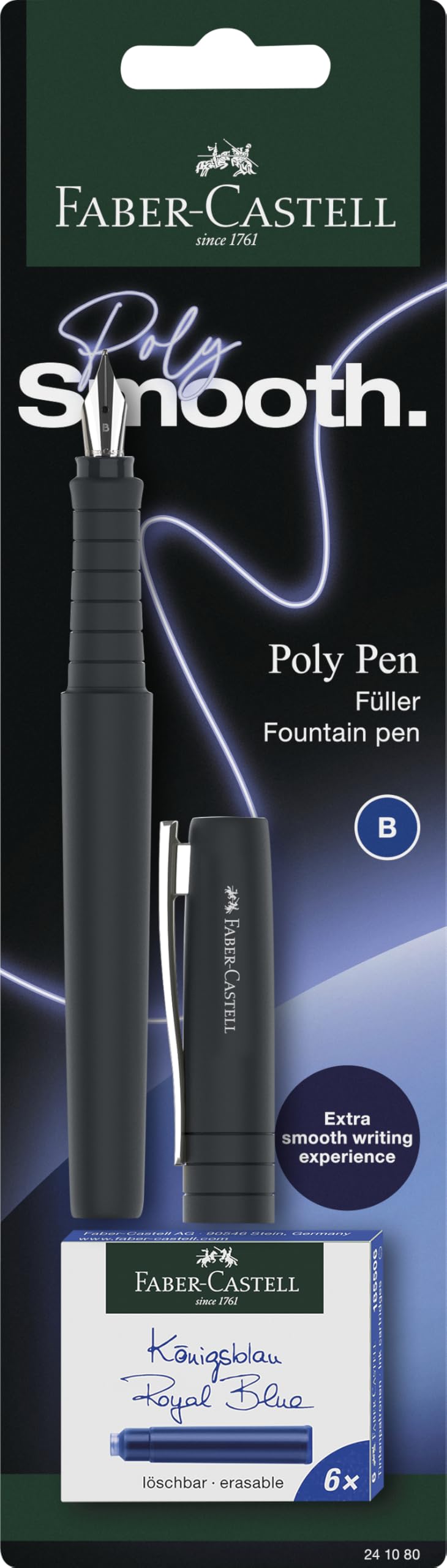 FABER-CASTELL 241080 Poly Pen with Ink Cartridges Black Pale Iris Caribic Blue