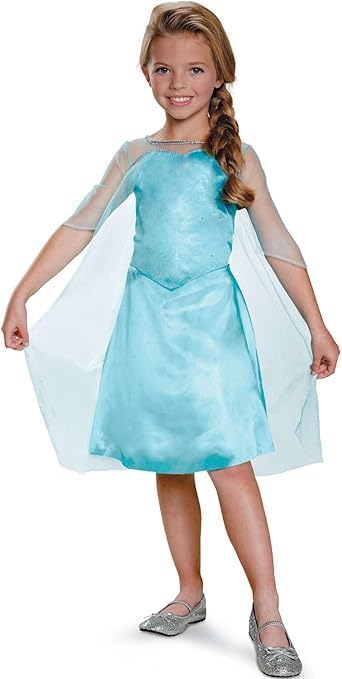 Disguise Disney Frozen Elsa Standard Fancy Dress Costume, Officially Licensed Disney Frozen, Includes A Beautiful Ice Blue Dress With Mesh Sleeves and Cape, in size 7-8, 4-6, 3-4 years
