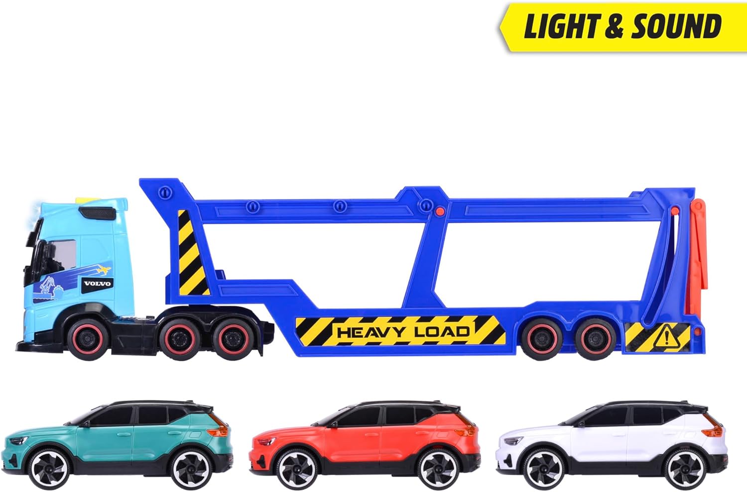 Dickie Toys -Trailer Trasportatore per Auto Volvo 40 cm- Camion FH16 con Rimorchio, Include 3 Auto XC40 Recharge, Effetti di Luce e Suoni, Giocattolo per Bambini a partire da 3 Anni (203747017