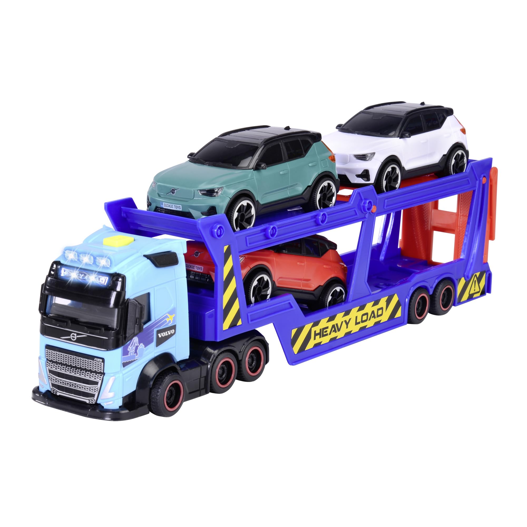 Dickie Toys -Trailer Trasportatore per Auto Volvo 40 cm- Camion FH16 con Rimorchio, Include 3 Auto XC40 Recharge, Effetti di Luce e Suoni, Giocattolo per Bambini a partire da 3 Anni (203747017