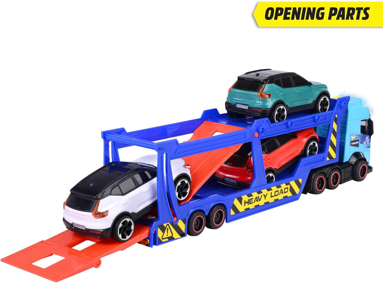 Dickie Toys -Trailer Trasportatore per Auto Volvo 40 cm- Camion FH16 con Rimorchio, Include 3 Auto XC40 Recharge, Effetti di Luce e Suoni, Giocattolo per Bambini a partire da 3 Anni (203747017