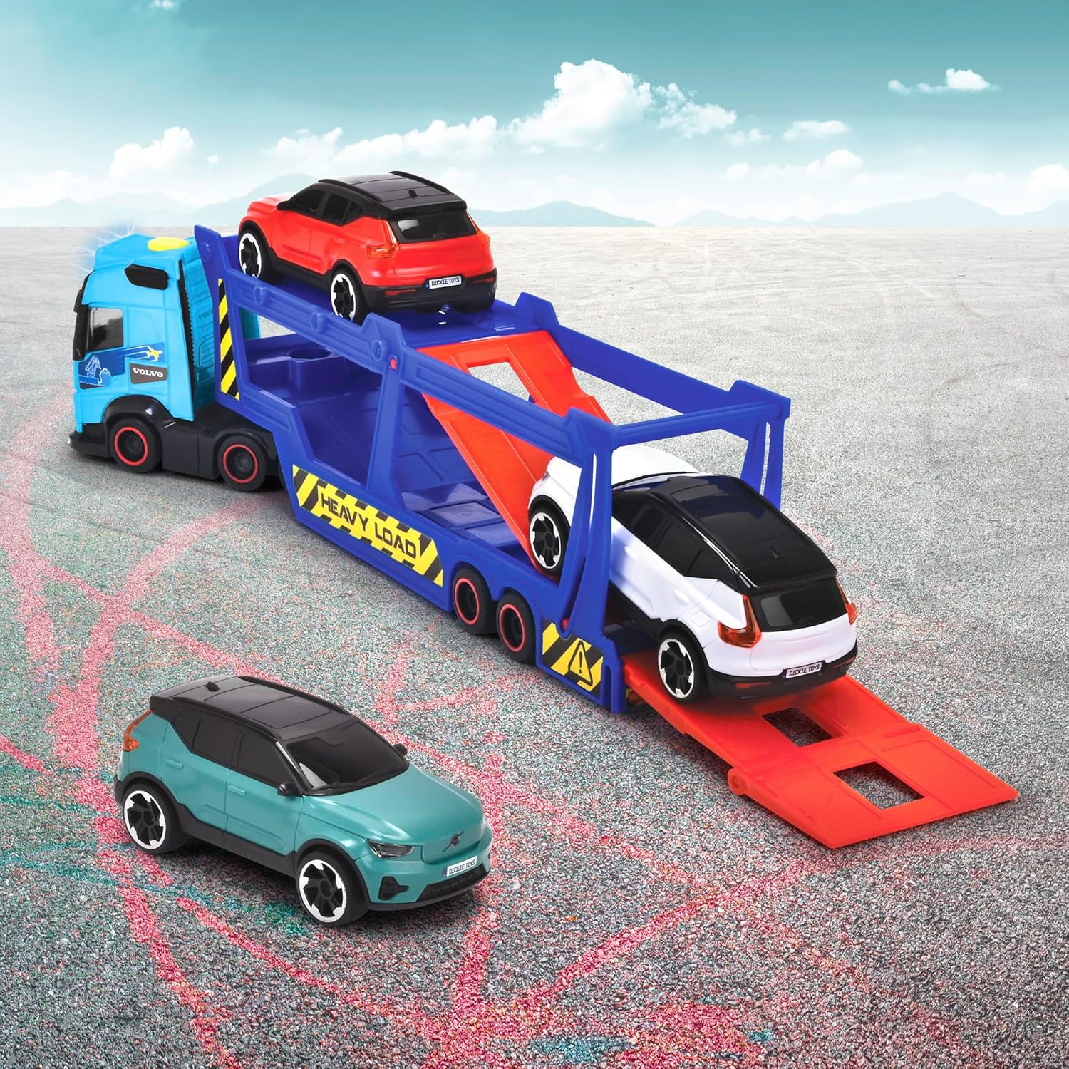 Dickie Toys -Trailer Trasportatore per Auto Volvo 40 cm- Camion FH16 con Rimorchio, Include 3 Auto XC40 Recharge, Effetti di Luce e Suoni, Giocattolo per Bambini a partire da 3 Anni (203747017