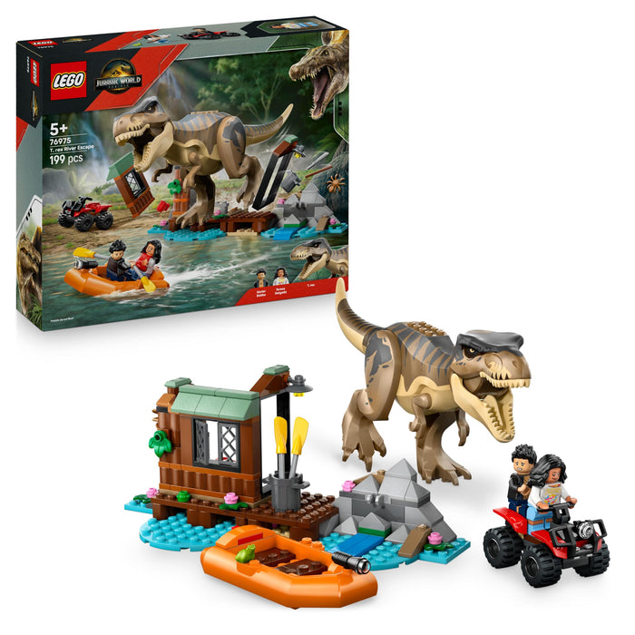 LEGO Jurassic World T. Rex Rivierontsnapping Dinosaurus Speelgoed voor Kinderen - Incl. Dino Figuur, Speelgoed Boot, Quad en 2 Minifiguren - Cadeau voor Jongens en Meisjes vanaf 5 Jaar - 76975