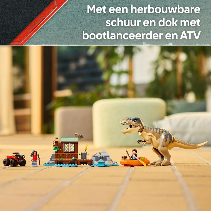 LEGO Jurassic World T. Rex Rivierontsnapping Dinosaurus Speelgoed voor Kinderen - Incl. Dino Figuur, Speelgoed Boot, Quad en 2 Minifiguren - Cadeau voor Jongens en Meisjes vanaf 5 Jaar - 76975