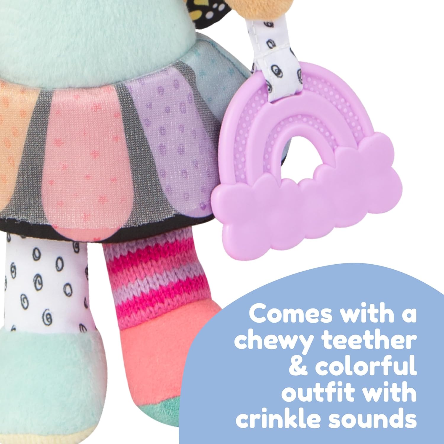 LAMAZE My Friend Flora Clip & Go Doll, Textured First Doll with Crinkle Skirt & Butterfly Wings, Rainbow Teether & Rattle, Clip‑On Stroller Toy, Sensory Play, Fine Motor & Visual Development