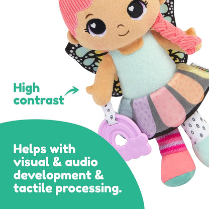 LAMAZE My Friend Flora Clip & Go Doll, Textured First Doll with Crinkle Skirt & Butterfly Wings, Rainbow Teether & Rattle, Clip‑On Stroller Toy, Sensory Play, Fine Motor & Visual Development