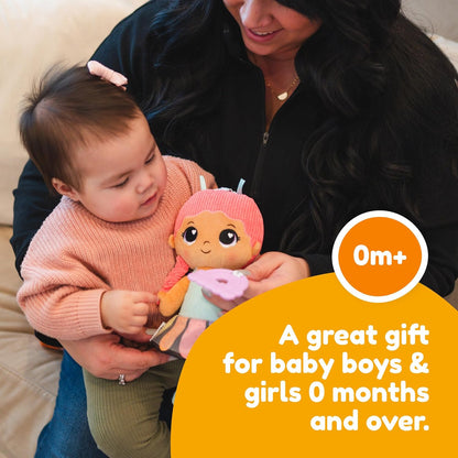 LAMAZE My Friend Flora Clip & Go Doll, Textured First Doll with Crinkle Skirt & Butterfly Wings, Rainbow Teether & Rattle, Clip‑On Stroller Toy, Sensory Play, Fine Motor & Visual Development