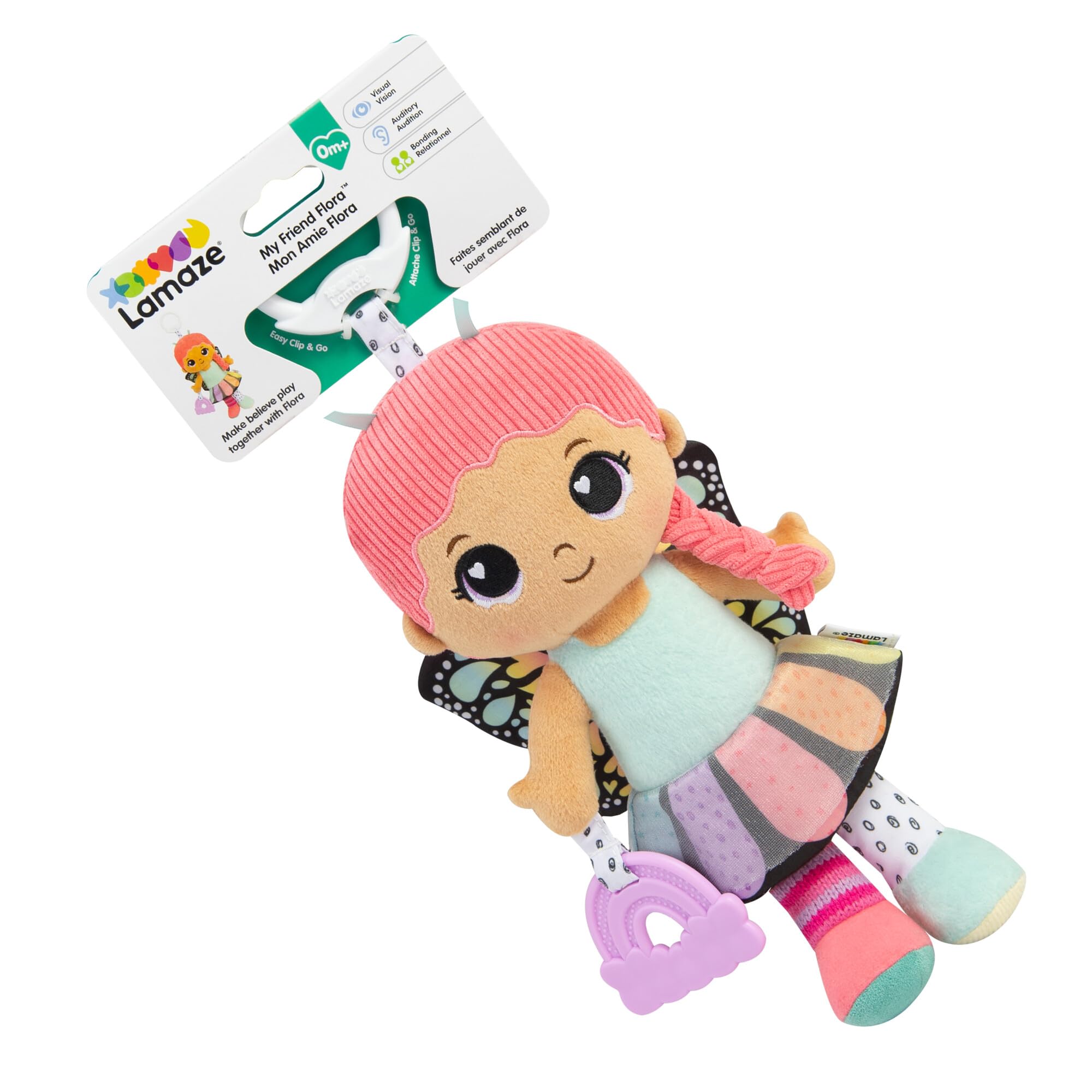LAMAZE My Friend Flora Clip & Go Doll, Textured First Doll with Crinkle Skirt & Butterfly Wings, Rainbow Teether & Rattle, Clip‑On Stroller Toy, Sensory Play, Fine Motor & Visual Development