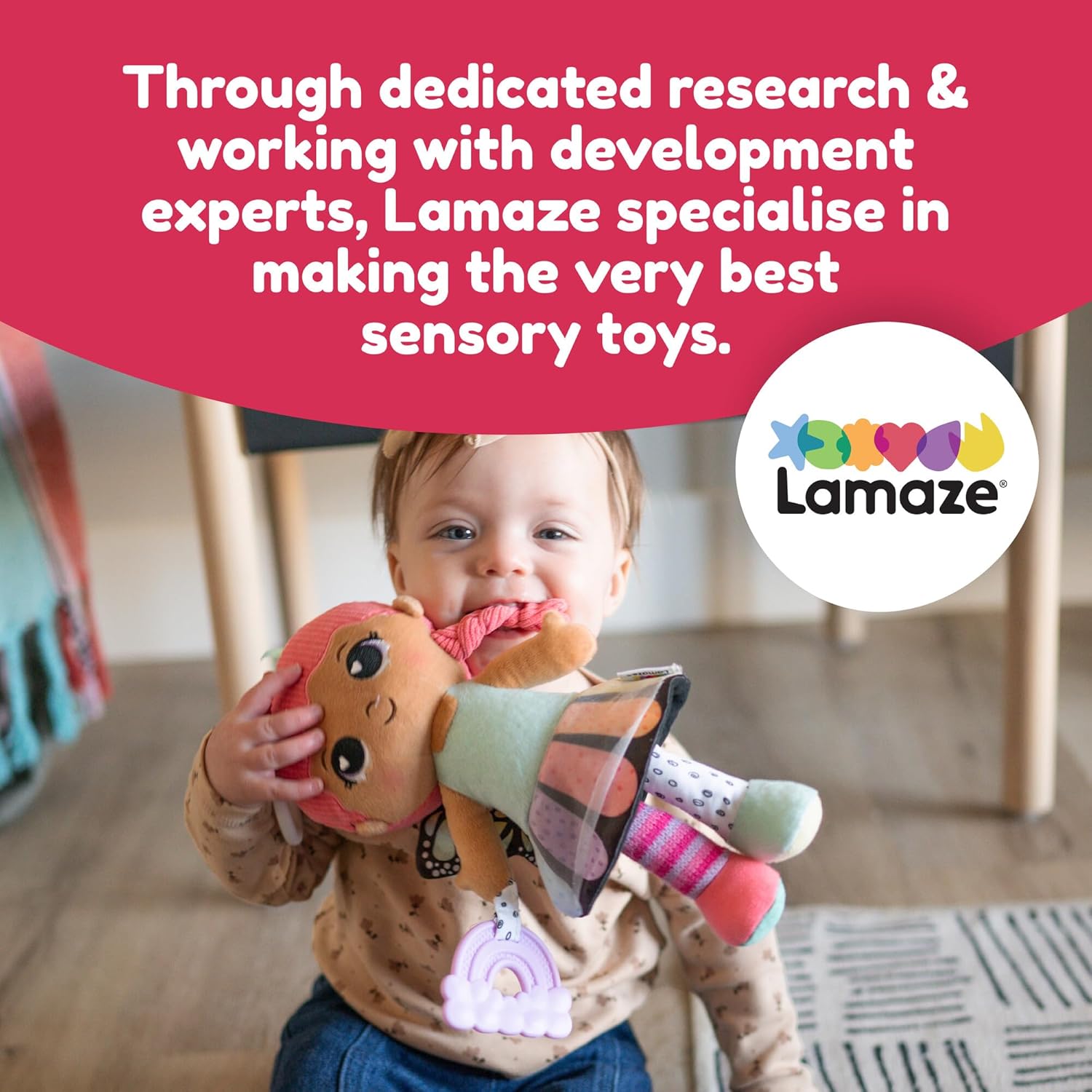 LAMAZE My Friend Flora Clip & Go Doll, Textured First Doll with Crinkle Skirt & Butterfly Wings, Rainbow Teether & Rattle, Clip‑On Stroller Toy, Sensory Play, Fine Motor & Visual Development