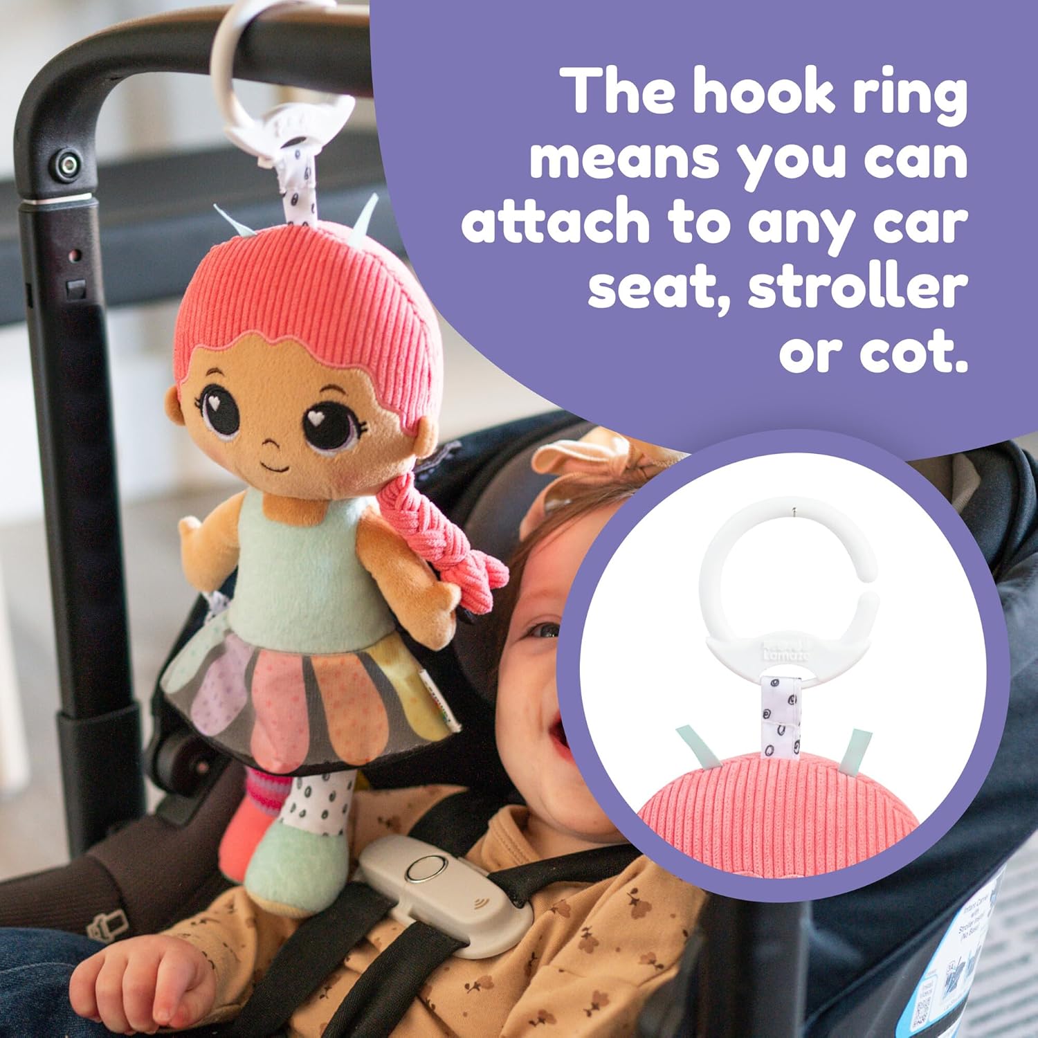 LAMAZE My Friend Flora Clip & Go Doll, Textured First Doll with Crinkle Skirt & Butterfly Wings, Rainbow Teether & Rattle, Clip‑On Stroller Toy, Sensory Play, Fine Motor & Visual Development