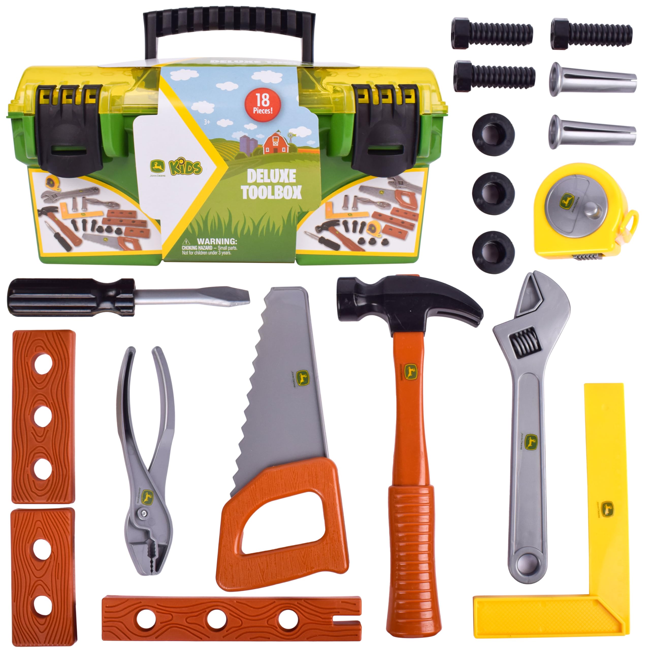 John Deere 18 Piece Deluxe Tool Box – Construction Playset with Tape Measure and More Tools