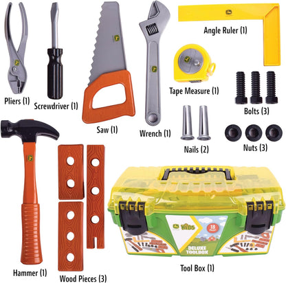 John Deere 18 Piece Deluxe Tool Box – Construction Playset with Tape Measure and More Tools