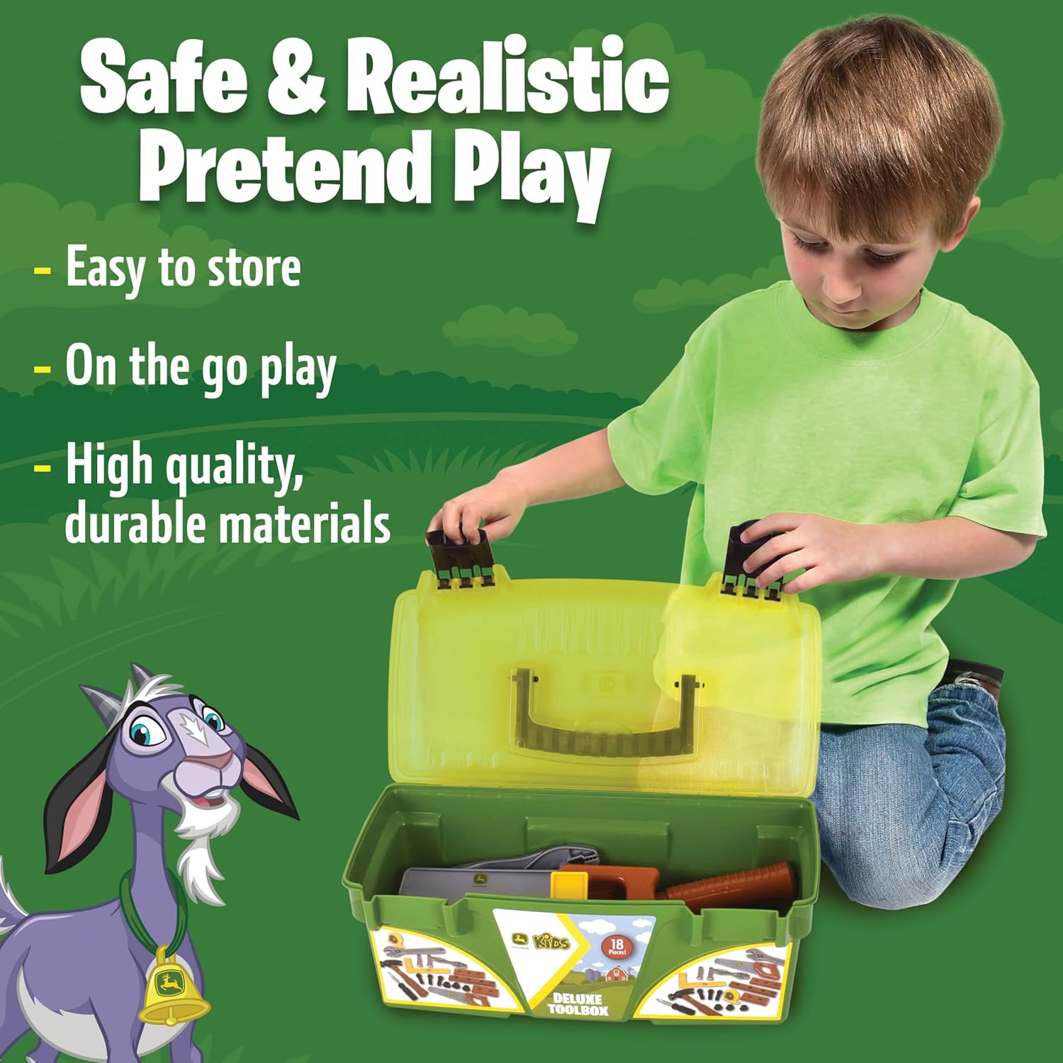John Deere 18 Piece Deluxe Tool Box – Construction Playset with Tape Measure and More Tools