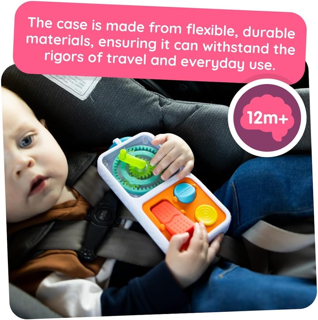 Fat Brain Toys PlayTab Go, draagbaar sensorisch activiteitenbord met klemring om aan luiertassen te bevestigen voor baby's en peuters vanaf 12 maanden