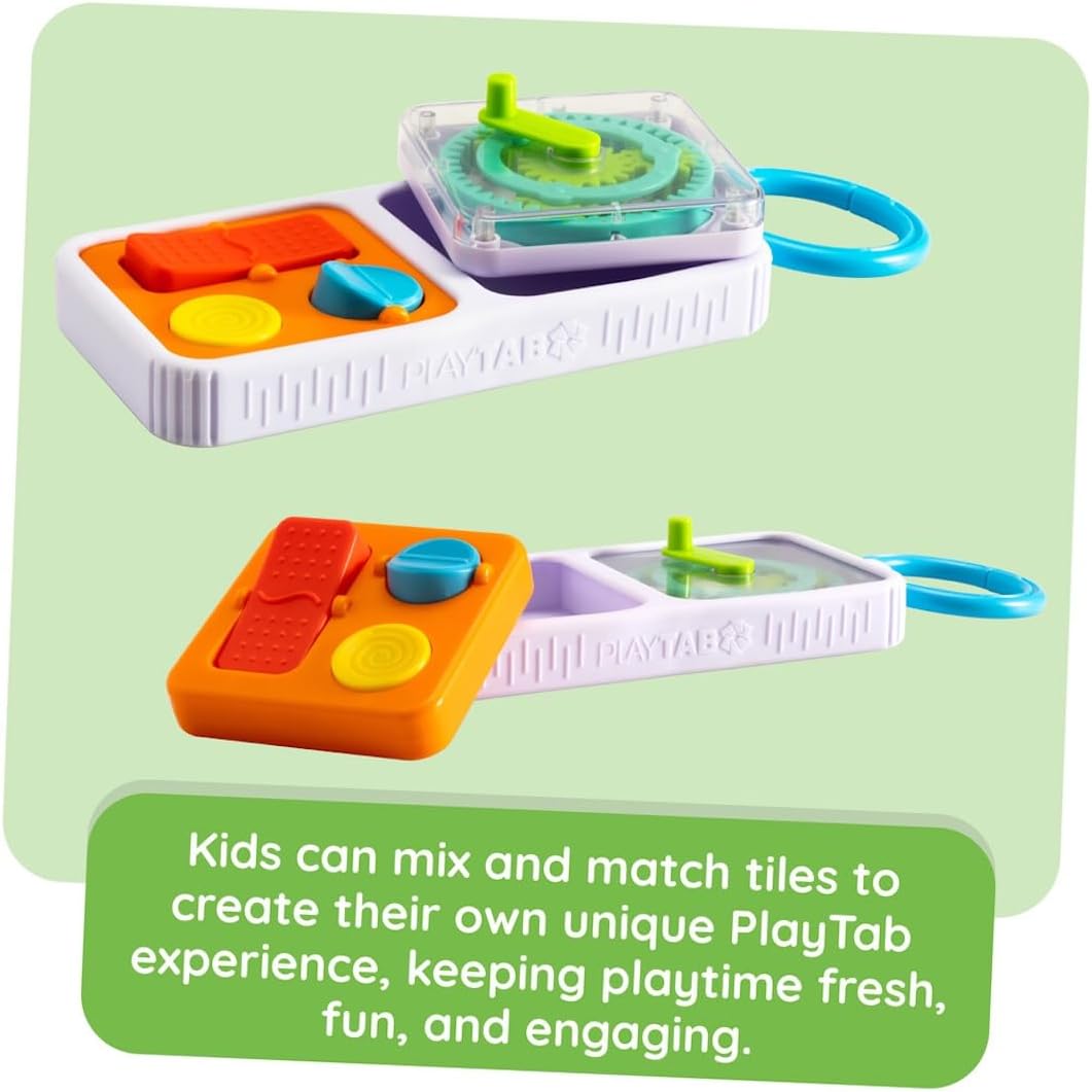 Fat Brain Toys PlayTab Go, draagbaar sensorisch activiteitenbord met klemring om aan luiertassen te bevestigen voor baby's en peuters vanaf 12 maanden