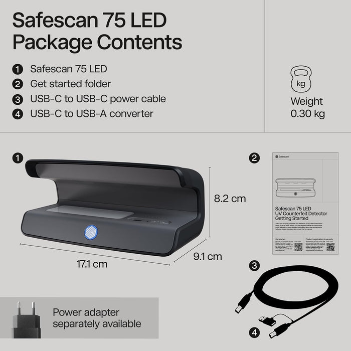 Safescan 75 LED Geldscheinprüfgerät mit ultrastarkem UV- & Weißlicht - Falschgeldprüfgerät für Banknoten, Kreditkarten & Ausweise - Geldprüfer mit dreifacher Erkennung - Geldprüfmaschine