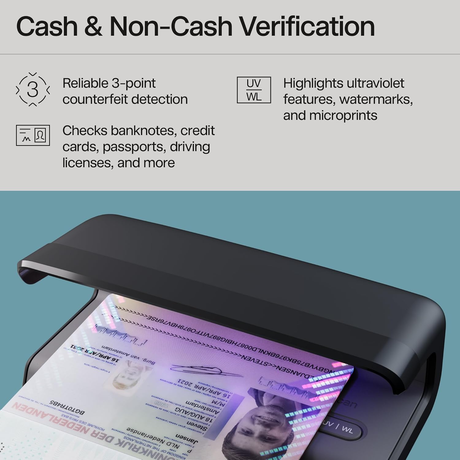 Safescan 75 LED Geldscheinprüfgerät mit ultrastarkem UV- & Weißlicht - Falschgeldprüfgerät für Banknoten, Kreditkarten & Ausweise - Geldprüfer mit dreifacher Erkennung - Geldprüfmaschine