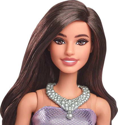 Barbie Fashionistas Doll #234 with Brown Hair, Wearing Sequined Purple Bubble Dress with Satiny Skirt, Silvery Necklace and Heels