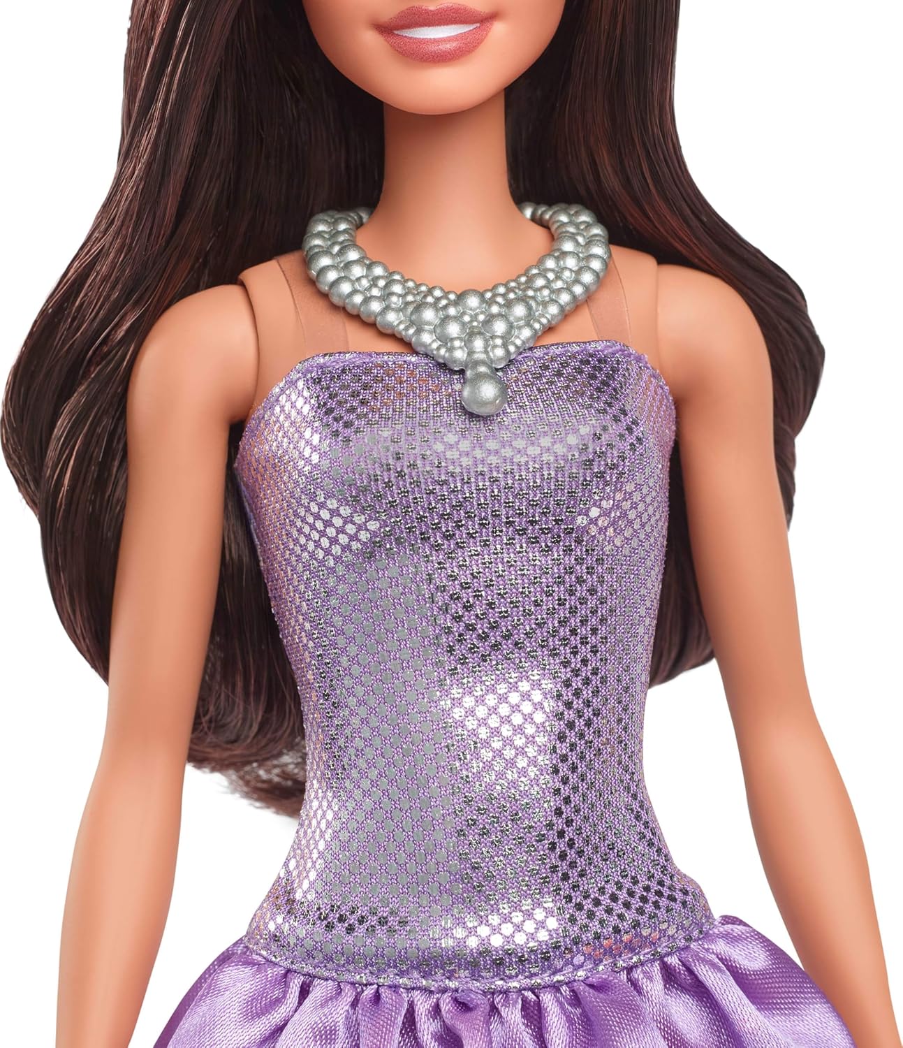Barbie Fashionistas Doll #234 with Brown Hair, Wearing Sequined Purple Bubble Dress with Satiny Skirt, Silvery Necklace and Heels