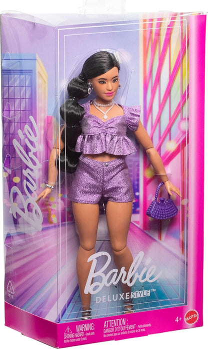 Barbie Deluxe Style Doll #8 in Metallic Purple Top and Sparkly Shorts, Black Hair in Braid, Accessories Like Pearly Jewelry and Handbag