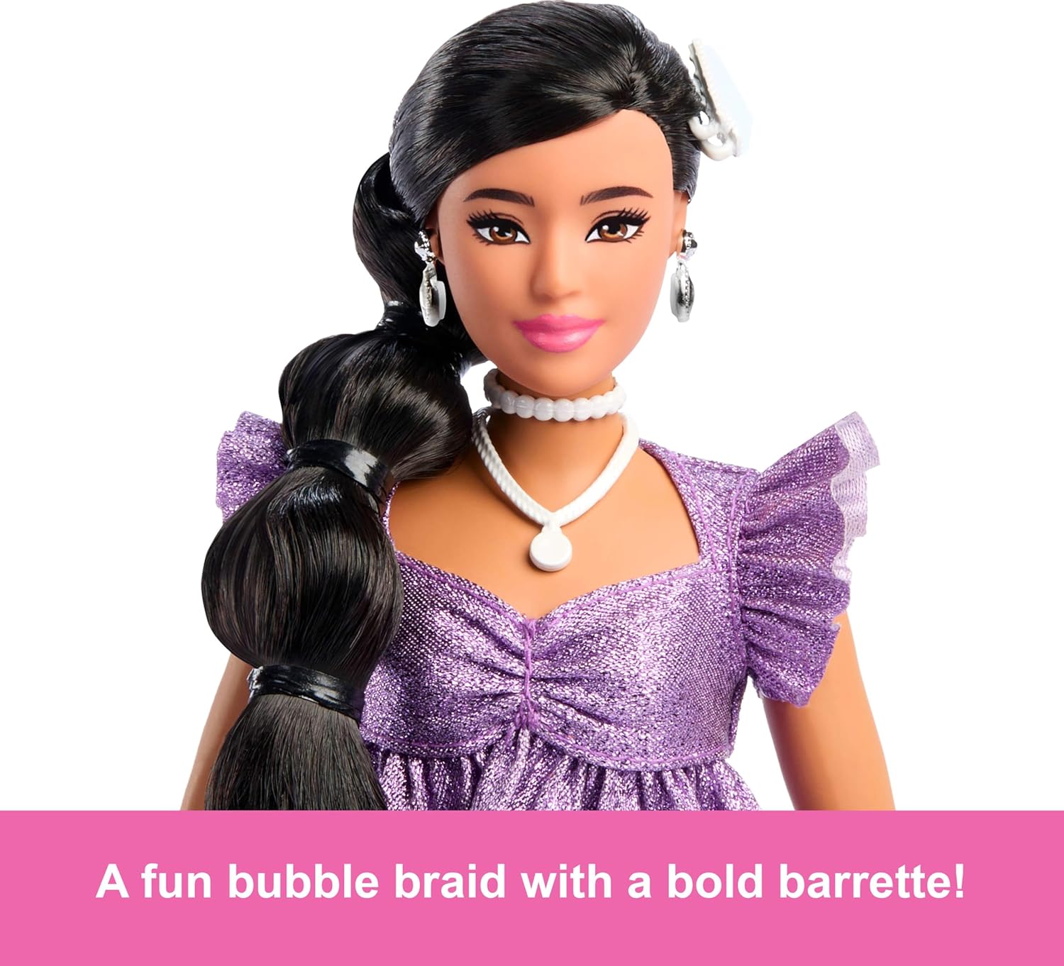 Barbie Deluxe Style Doll #8 in Metallic Purple Top and Sparkly Shorts, Black Hair in Braid, Accessories Like Pearly Jewelry and Handbag