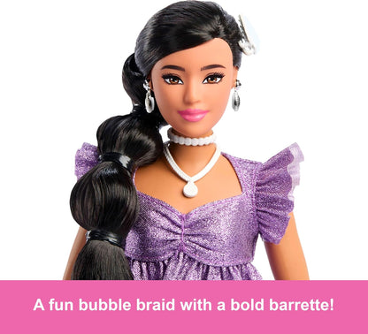 Barbie Deluxe Style Doll #8 in Metallic Purple Top and Sparkly Shorts, Black Hair in Braid, Accessories Like Pearly Jewelry and Handbag