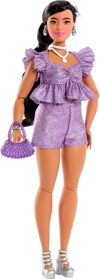 Barbie Deluxe Style Doll #8 in Metallic Purple Top and Sparkly Shorts, Black Hair in Braid, Accessories Like Pearly Jewelry and Handbag