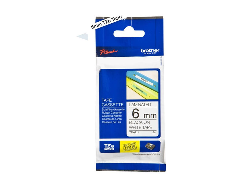 Brother TZe-211 Labelling Tape Cassette, Black on White, 6mm (W) x 8M (L), Laminated, Brother Genuine Supplies
