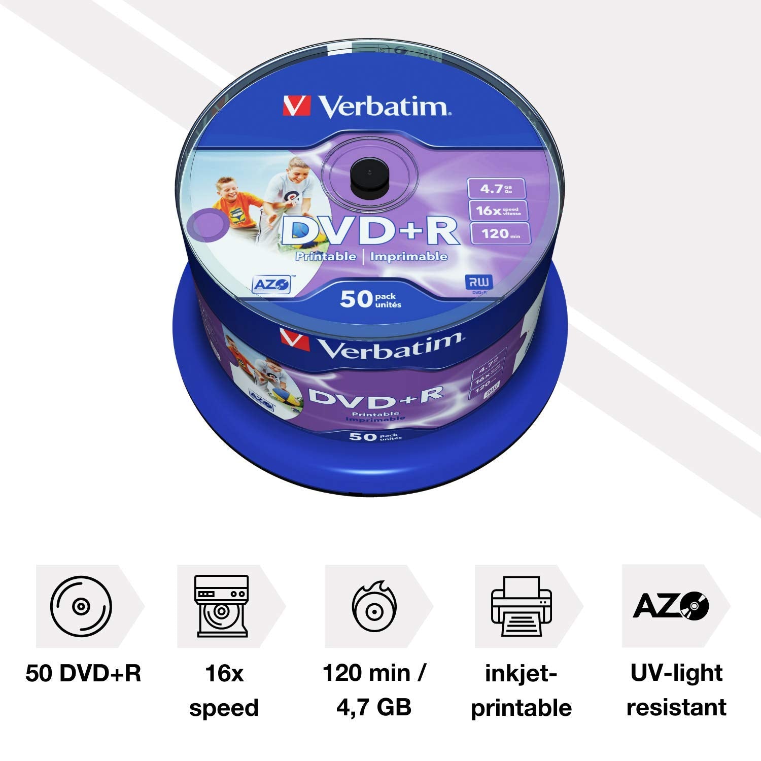 Verbatim 43512 4.7GB 16x Wide Inkjet Printable DVD+R - 50 Pack Spindle