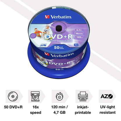 Verbatim 43512 4.7GB 16x Wide Inkjet Printable DVD+R - 50 Pack Spindle