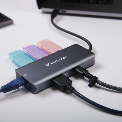 Verbatim USB-C Essentials Multiport Hub– 6 Ports: (3) USB-A 3.0/3.2 Gen 1, (1) USB-C 3.0/3.2 Gen 1, RJ45 Ethernet, 4K HDMI and Up to 100W Power Delivery