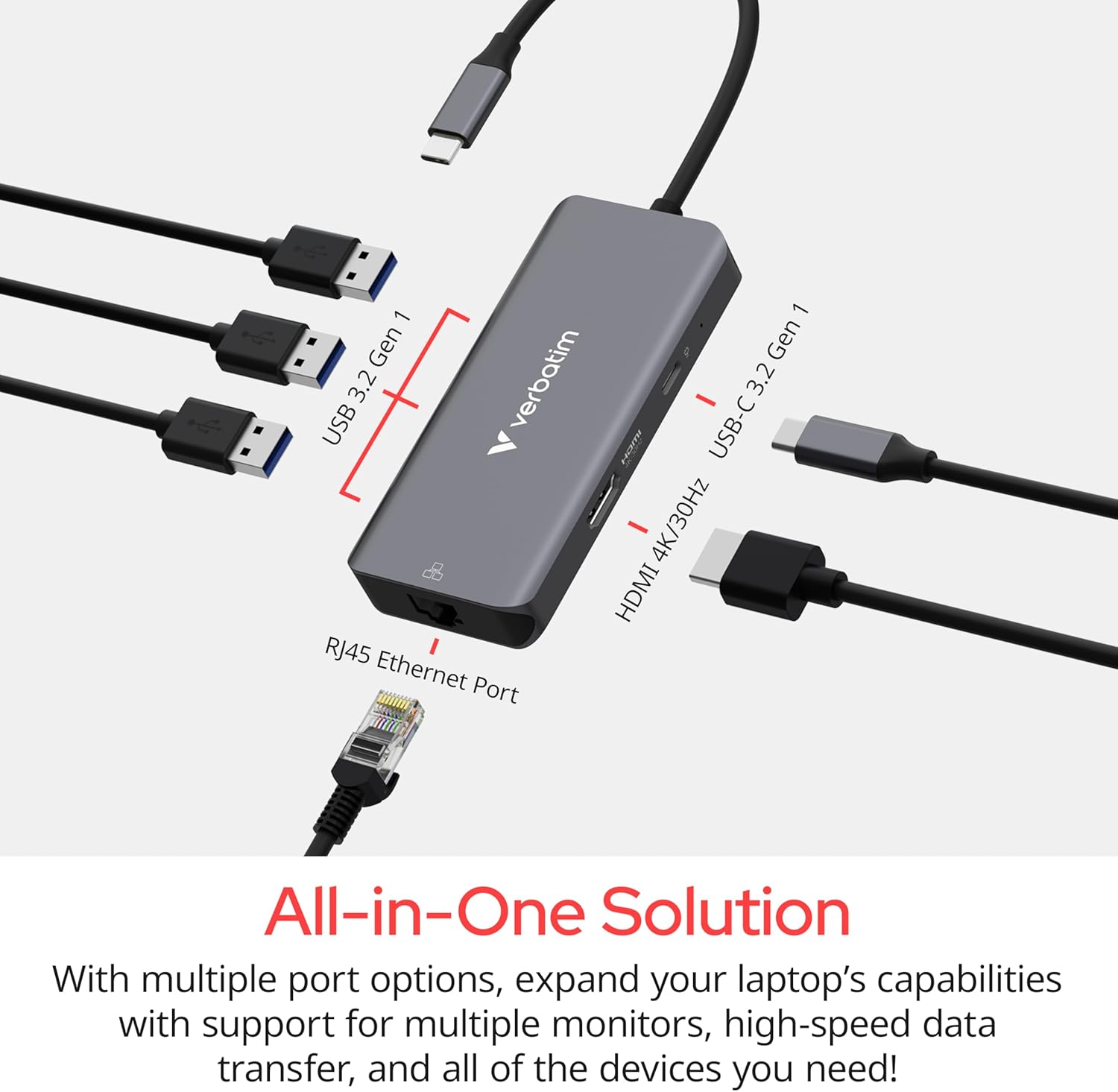 Verbatim USB-C Essentials Multiport Hub– 6 Ports: (3) USB-A 3.0/3.2 Gen 1, (1) USB-C 3.0/3.2 Gen 1, RJ45 Ethernet, 4K HDMI and Up to 100W Power Delivery