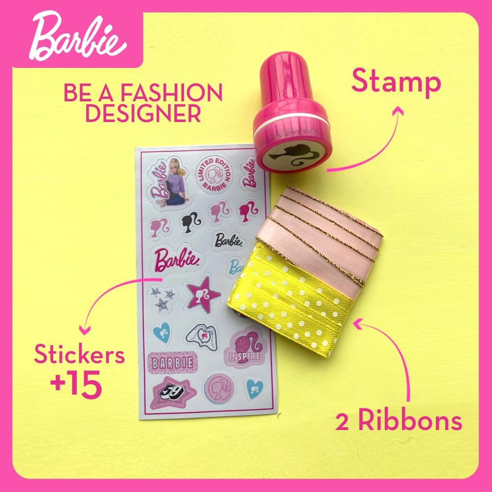 Barbie DIY Fashion Designer Set – Make Your Own Casual Look | Includes T-Shirt, Leggings, Stickers, Ribbons & Stamp | Creative Fashion Toy Kit for Kids Ages 5+