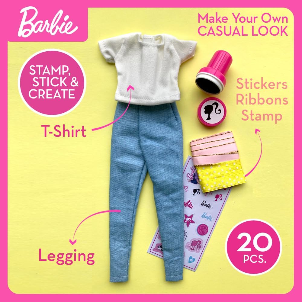 Barbie DIY Fashion Designer Set – Make Your Own Casual Look | Includes T-Shirt, Leggings, Stickers, Ribbons & Stamp | Creative Fashion Toy Kit for Kids Ages 5+