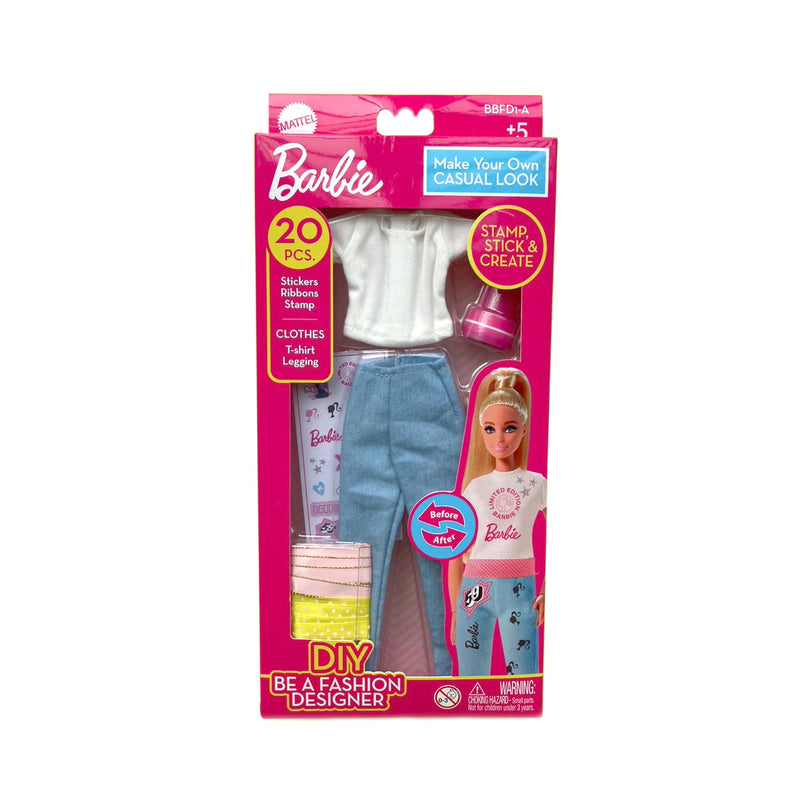 Barbie DIY Fashion Designer Set – Make Your Own Casual Look | Includes T-Shirt, Leggings, Stickers, Ribbons & Stamp | Creative Fashion Toy Kit for Kids Ages 5+