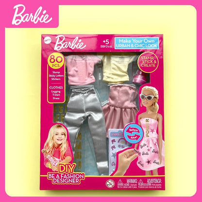 Barbie DIY Urban & Chic Fashion Designer Set – 80-Piece Custom Outfit Kit | Includes Dress, Tops, Leggings, Gold Letters, Stickers & Stamp | Creative Barbie Fashion Toy for Kids Ages 5+