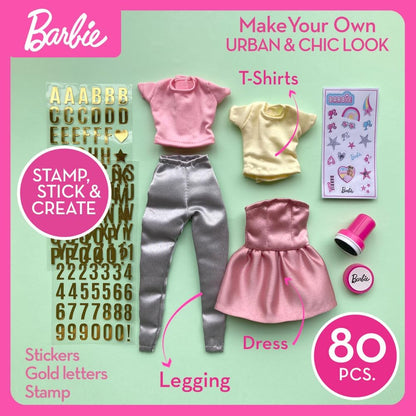 Barbie DIY Urban & Chic Fashion Designer Set – 80-Piece Custom Outfit Kit | Includes Dress, Tops, Leggings, Gold Letters, Stickers & Stamp | Creative Barbie Fashion Toy for Kids Ages 5+