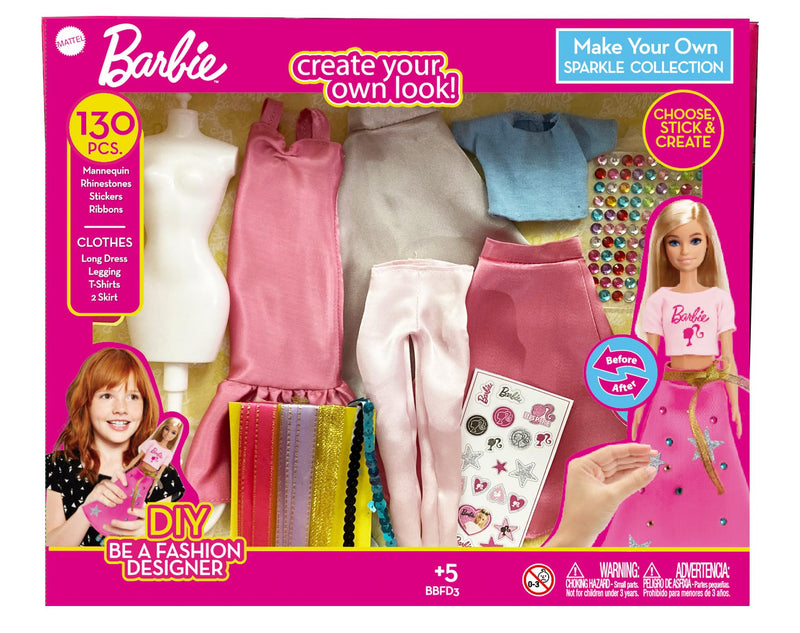 Barbie DIY Sparkle Fashion Designer Set – 130-Piece Dress-Up Kit | Design Clothes for Dolls with Rhinestones, Ribbons, Stickers & Mannequin | Sparkle Barbie Clothing Gift for Girls Ages 5+