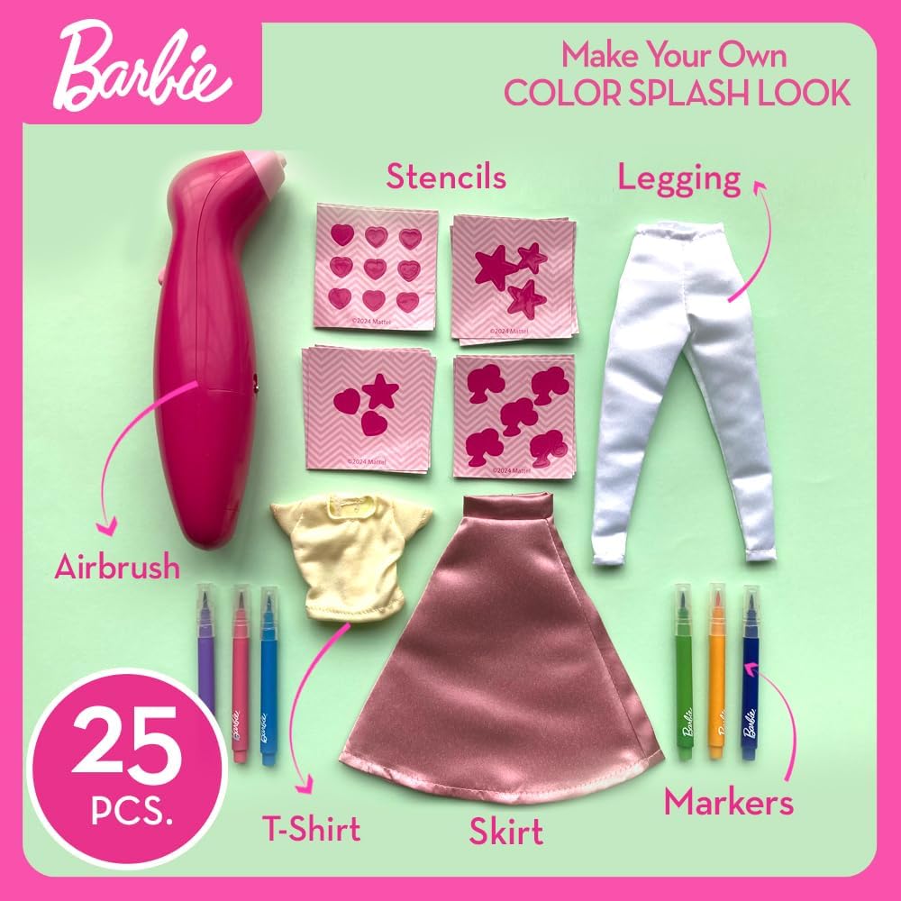 Barbie DIY Airbrush Studio – 25-Piece Color Splash Fashion Kit | Design Barbie Clothes for Dolls with Airbrush, Markers, Stencils, and Outfits | Creative Toy for Girls Ages 5+