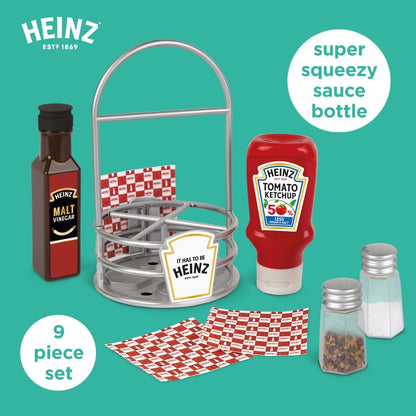 Casdon Heinz Sauce Caddy | 9-Piece Play Kitchen Set For Children Aged 3+ | Includes Pretend Tomato Ketchup, Vinegar, Salt And Pepper Shakers, Napkins, And Caddy.