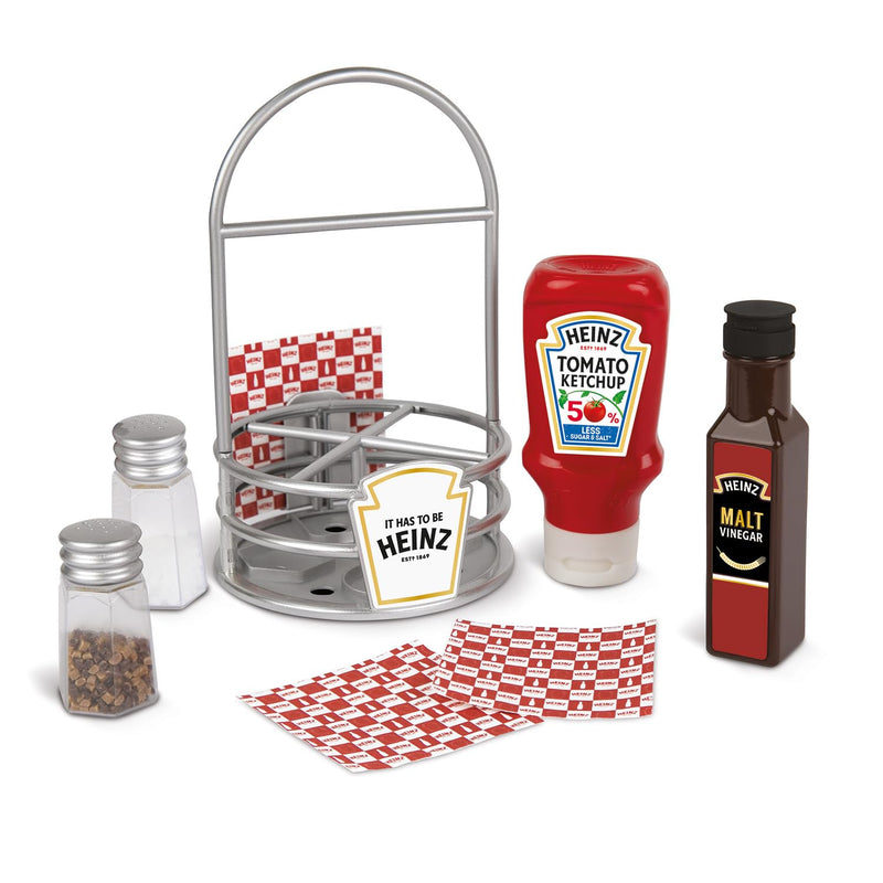 Casdon Heinz Sauce Caddy | 9-Piece Play Kitchen Set For Children Aged 3+ | Includes Pretend Tomato Ketchup, Vinegar, Salt And Pepper Shakers, Napkins, And Caddy.