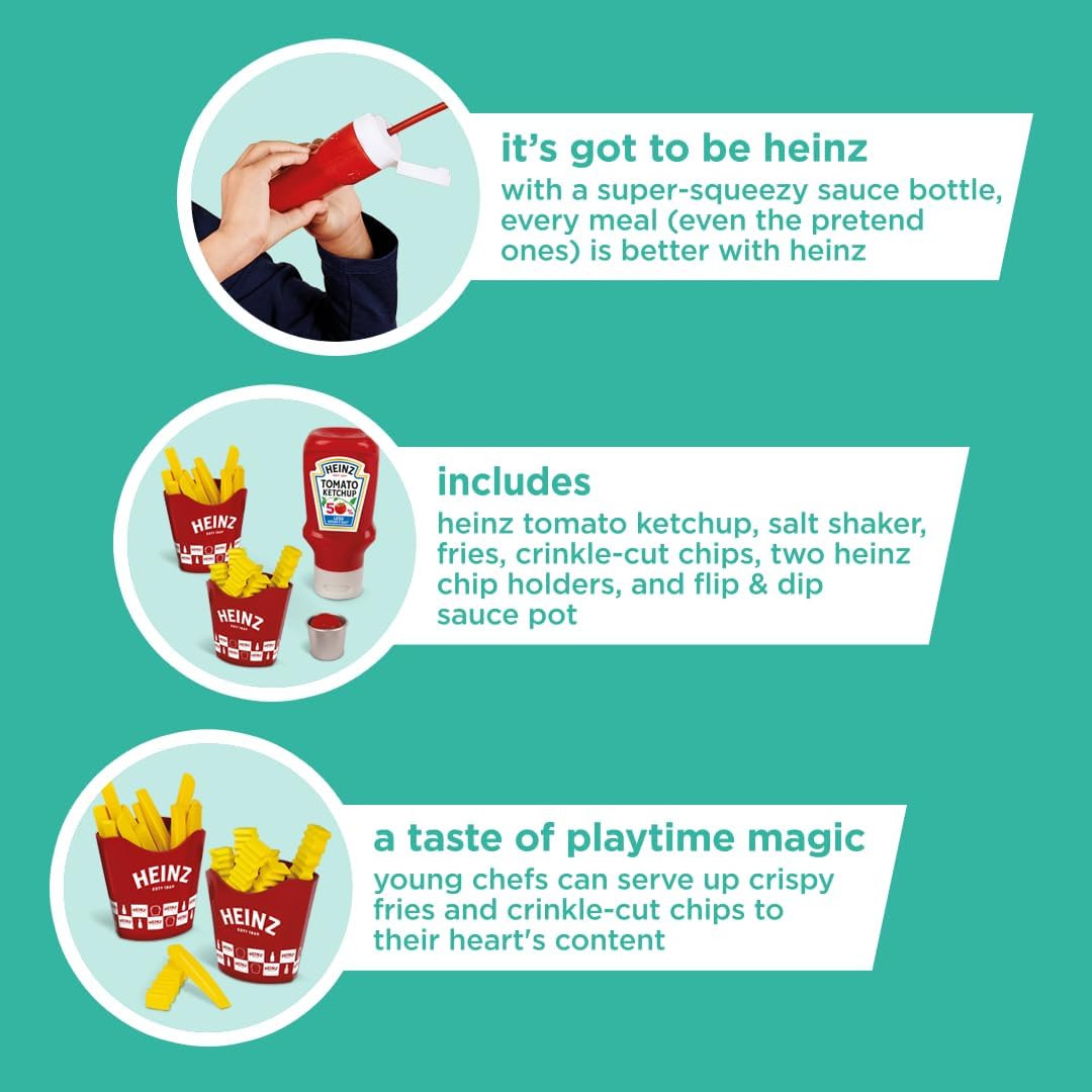 Casdon Heinz Chip & Dip Snack Set For Kids | Includes Ketchup, Salt Shaker, 2 Chip Holders, Fries, Crinkle Cut Chips, And Ketchup Flip & Dip Pot — Perfect For Pretend Play Aged 2+.