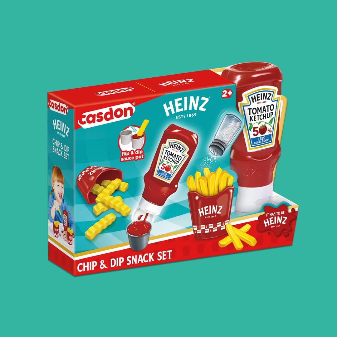 Casdon Heinz Chip & Dip Snack Set For Kids | Includes Ketchup, Salt Shaker, 2 Chip Holders, Fries, Crinkle Cut Chips, And Ketchup Flip & Dip Pot — Perfect For Pretend Play Aged 2+.