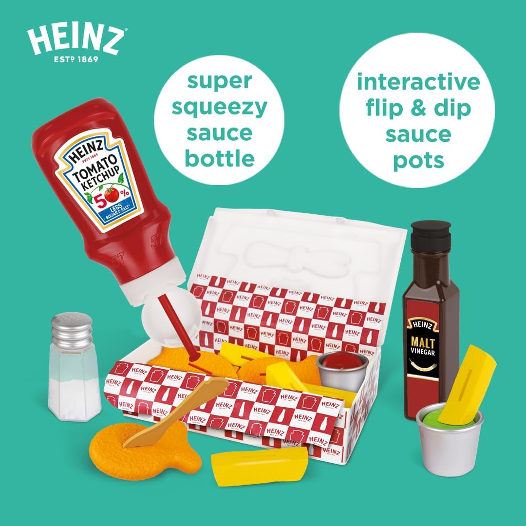 Casdon Heinz Fish & Chips Takeaway Set | Classic Fish & Chips Play Set For Children Aged 3+ | Ideal For Imaginative Play | Squeezy Ketchup Bottle, Vinegar Bottle, And Flip & Dip Pots Included!