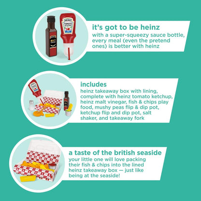 Casdon Heinz Fish & Chips Takeaway Set | Classic Fish & Chips Play Set For Children Aged 3+ | Ideal For Imaginative Play | Squeezy Ketchup Bottle, Vinegar Bottle, And Flip & Dip Pots Included!