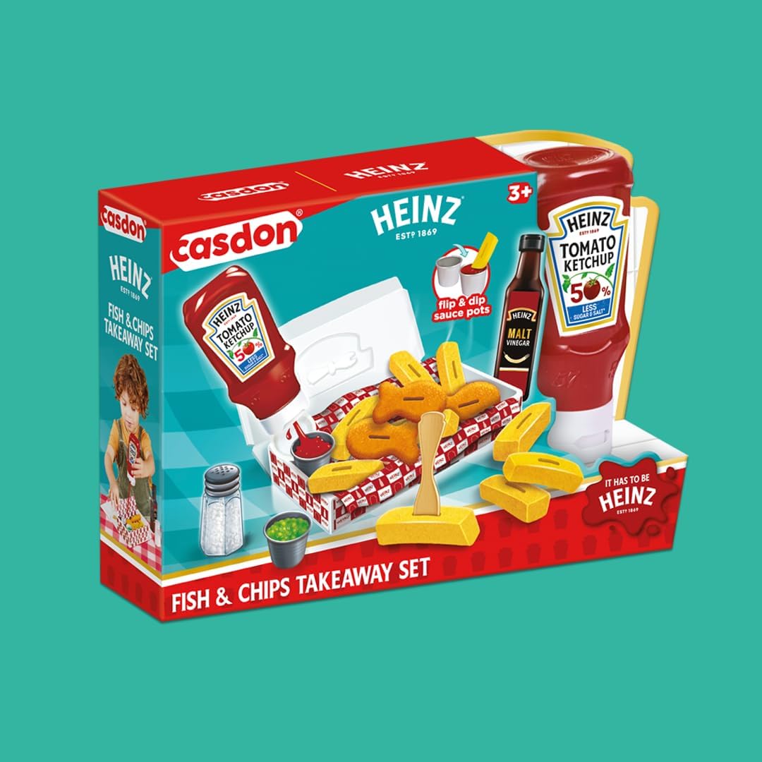 Casdon Heinz Fish & Chips Takeaway Set | Classic Fish & Chips Play Set For Children Aged 3+ | Ideal For Imaginative Play | Squeezy Ketchup Bottle, Vinegar Bottle, And Flip & Dip Pots Included!