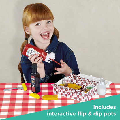 Casdon Heinz Fish & Chips Takeaway Set | Classic Fish & Chips Play Set For Children Aged 3+ | Ideal For Imaginative Play | Squeezy Ketchup Bottle, Vinegar Bottle, And Flip & Dip Pots Included!