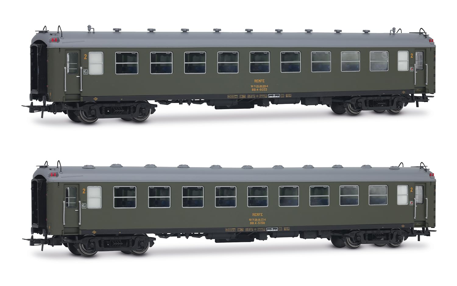 Electrotren HE4038 RENFE, 2-unit set 5000 coaches, BB4 2nd class, with old bellows, olive green livery, ep. IV