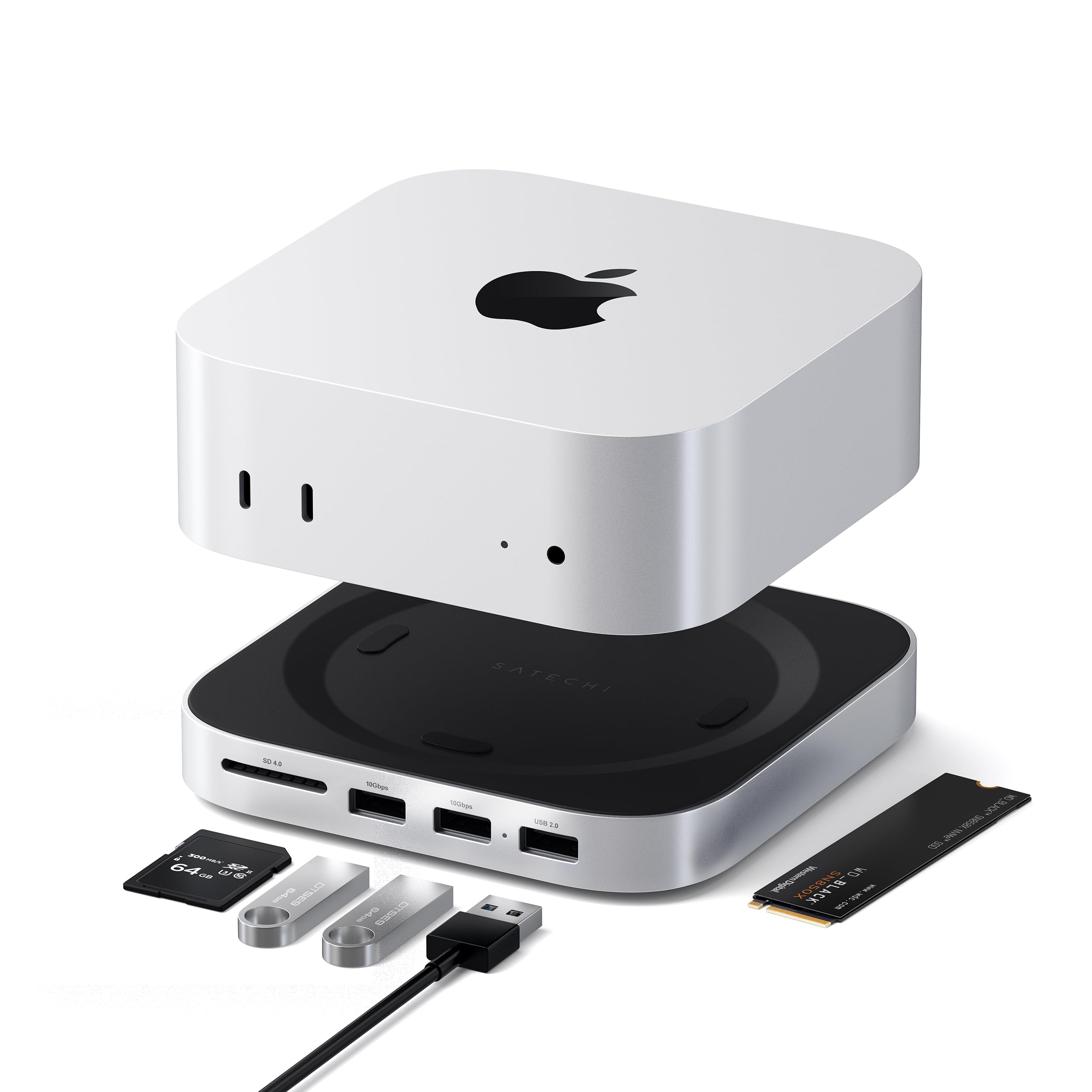 SATECHI Mac Mini M4 Hub & Stand with NVMe SSD Enclosure, Dock with 2 USB-A 10Gbps, USB-A Data Port, SD Card Reader for Mac Mini M4, M4 Pro - Silver